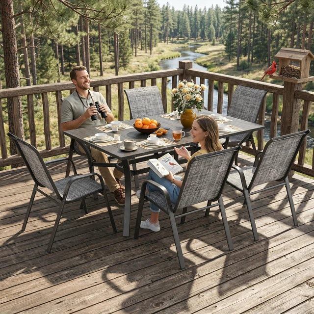 Alt view image 2 of 7 - 7 Piece Outdoor Patio Dining Set, Inchx 38 Inch Rectangular Wood Grain Metal Table Umbrella Hole Ergonomic Chairs 350