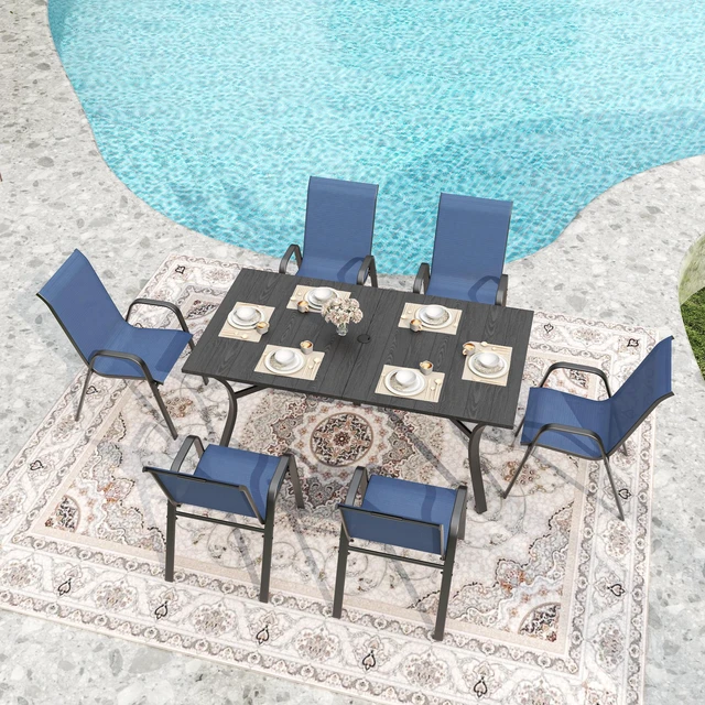 Alt view image 3 of 7 - 7 Piece Outdoor Patio Dining Set, Inchx 38 Inch Rectangular Wood Grain Metal Table Umbrella Hole Ergonomic Chairs 350