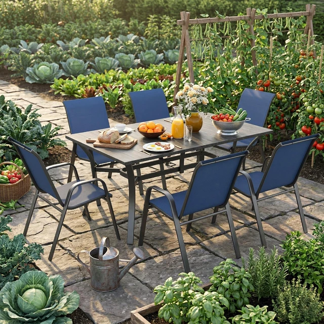 Alt view image 2 of 7 - 7 Piece Outdoor Patio Dining Set, Inchx 38 Inch Rectangular Wood Grain Metal Table Umbrella Hole Ergonomic Chairs 350