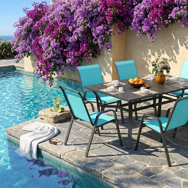 Main image of 7 Piece Outdoor Patio Dining Set, Inchx 38 Inch Rectangular Wood Grain Metal Table Umbrella Hole Ergonomic Chairs 350