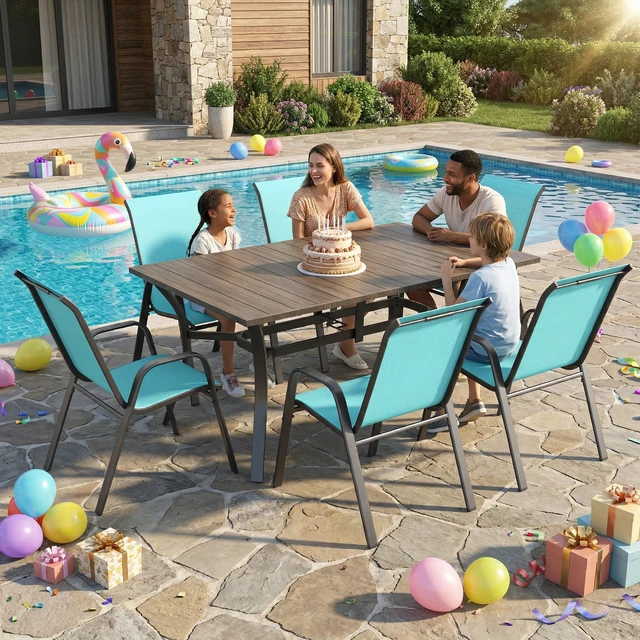 Alt view image 2 of 7 - 7 Piece Outdoor Patio Dining Set, Inchx 38 Inch Rectangular Wood Grain Metal Table Umbrella Hole Ergonomic Chairs 350