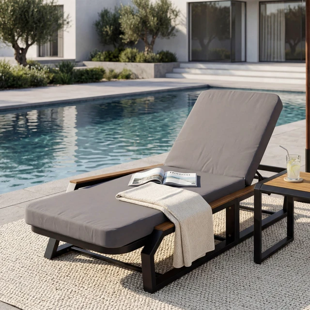 Alt view image 3 of 5 - Adjustable Position Outdoor Chaise Lounge with Grey Cushion, Patio Reclining Lounger with Armrests Iron Frame