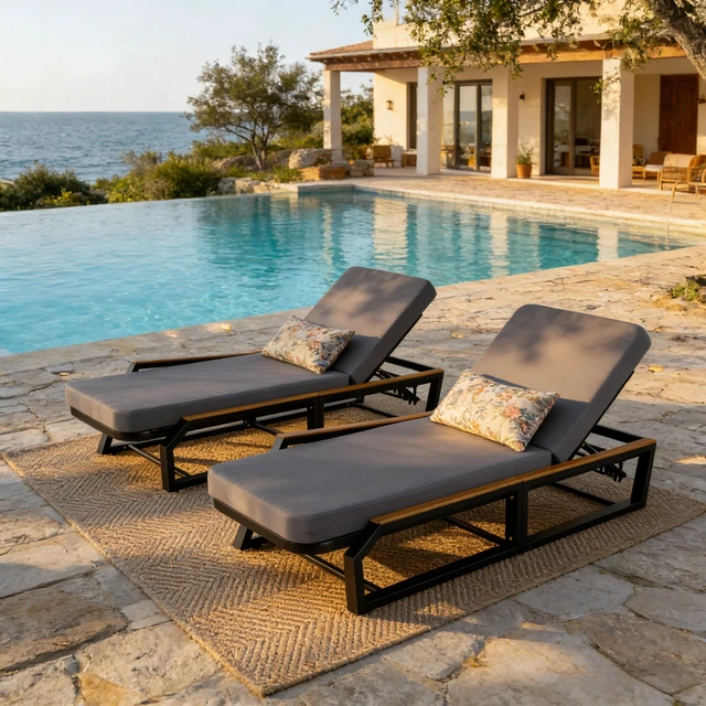 Alt view image 4 of 5 - Adjustable Position Outdoor Chaise Lounge with Grey Cushion, Patio Reclining Lounger with Armrests Iron Frame