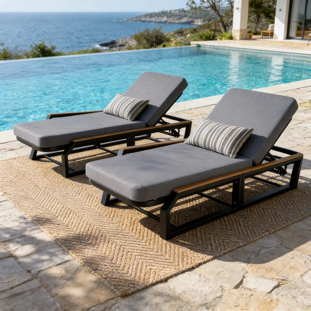 Alt view image 5 of 5 - Adjustable Position Outdoor Chaise Lounge with Grey Cushion, Patio Reclining Lounger with Armrests Iron Frame