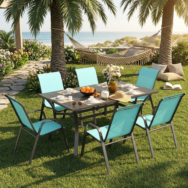 Alt view image 4 of 7 - 7 Piece Outdoor Patio Dining Set, Inchx 38 Inch Rectangular Wood Grain Metal Table Umbrella Hole Ergonomic Chairs 350