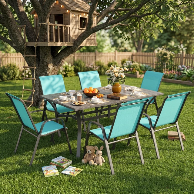 Alt view image 7 of 7 - 7 Piece Outdoor Patio Dining Set, Inchx 38 Inch Rectangular Wood Grain Metal Table Umbrella Hole Ergonomic Chairs 350