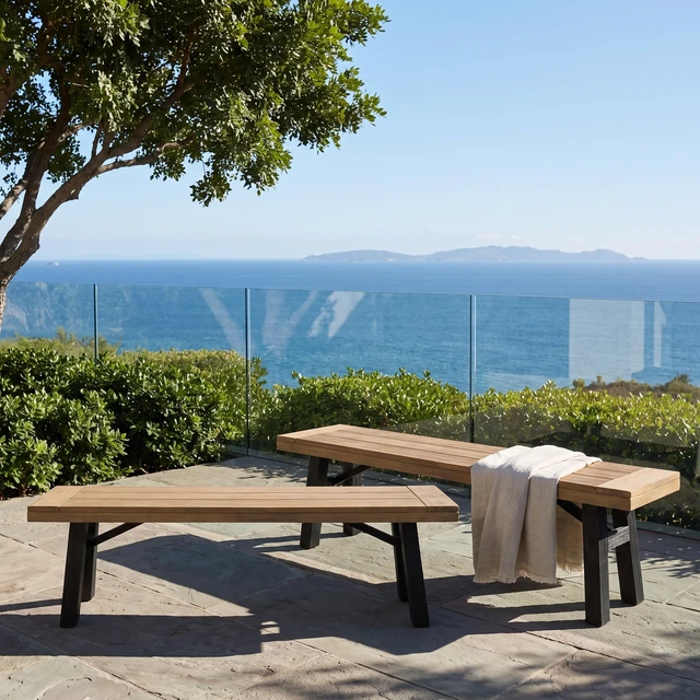 Main image of Outdoor Bench with Slat Panel Design and Wood Frame Set, and, Grey, Acacia Wood, Patio Seating
