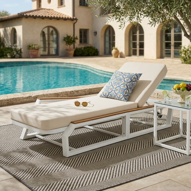Main image of Adjustable Position Outdoor Chaise Lounge with Cream Cushion, Patio Reclining Lounger with Armrests Iron Frame