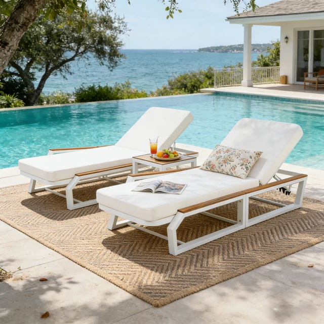 Alt view image 3 of 5 - Adjustable Position Outdoor Chaise Lounge with Cream Cushion, Patio Reclining Lounger with Armrests Iron Frame