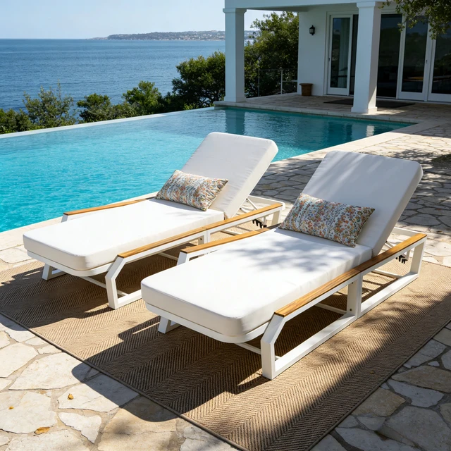 Alt view image 4 of 5 - Adjustable Position Outdoor Chaise Lounge with Cream Cushion, Patio Reclining Lounger with Armrests Iron Frame