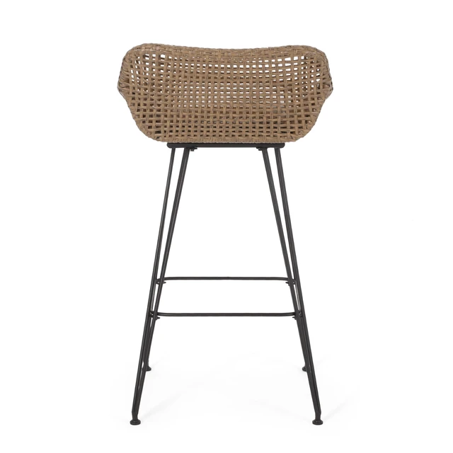Alt view image 3 of 7 - 29.25 Inch Outdoor Wicker and Iron Low Back Barstools, Beige Cushion Set, Brown, PE Rattan, Iron and Waterproof Fabric