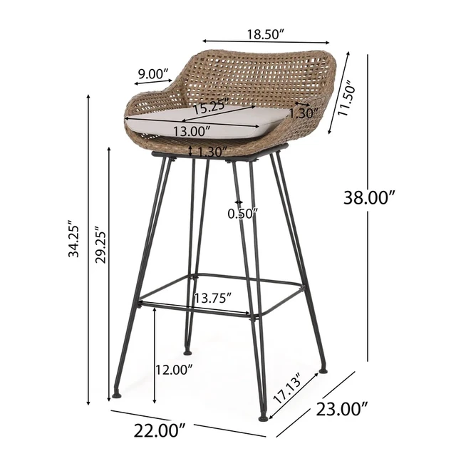 Alt view image 7 of 7 - 29.25 Inch Outdoor Wicker and Iron Low Back Barstools, Beige Cushion Set, Brown, PE Rattan, Iron and Waterproof Fabric