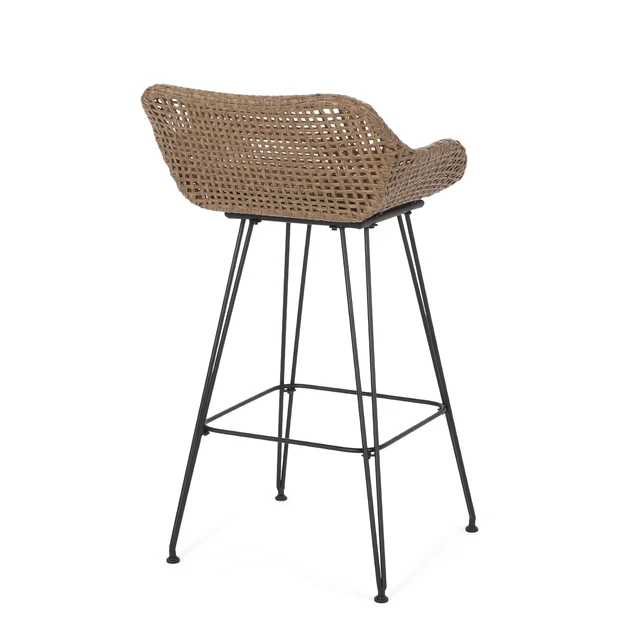 Alt view image 6 of 7 - 29.25 Inch Outdoor Wicker and Iron Low Back Barstools, Beige Cushion Set, Brown, PE Rattan, Iron and Waterproof Fabric