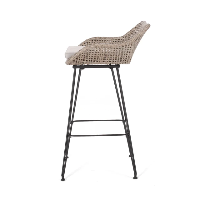 Alt view image 5 of 7 - 29.25 Inch Outdoor Wicker and Iron Low Back Barstools, Mixed Set, Mixed Light Brown, PE Rattan, Iron and Waterproof