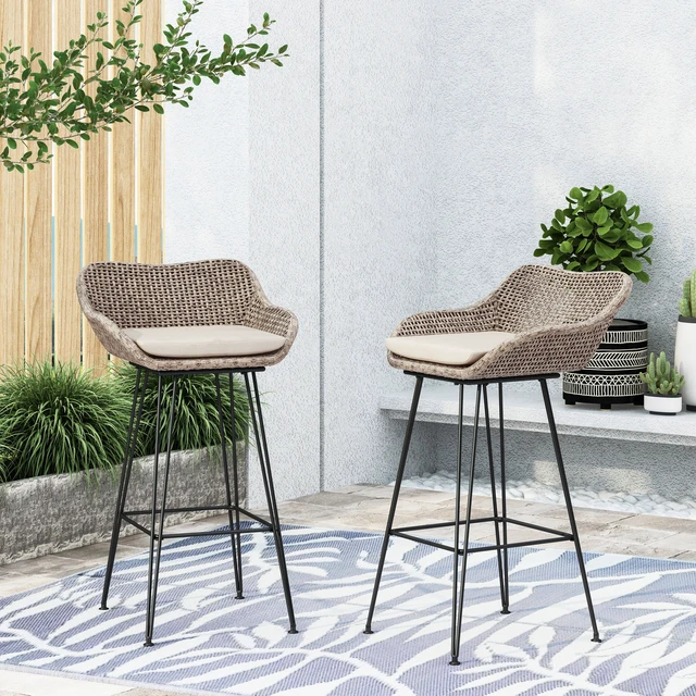 Alt view image 6 of 7 - 29.25 Inch Outdoor Wicker and Iron Low Back Barstools, Mixed Set, Mixed Light Brown, PE Rattan, Iron and Waterproof