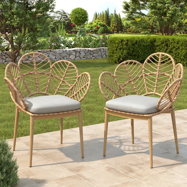 Alt view image 2 of 7 - Kirk Outdoor Wicker Peacock Shape Papasan Chair, Finished Leg Faux Rattan and Beige Cushion Set, Beige Light Brown
