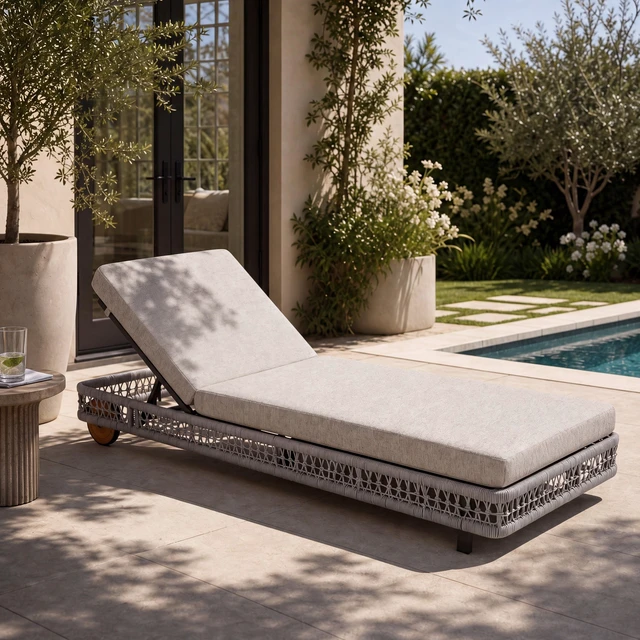 Alt view image 2 of 7 - Outdoor Woven Rope Chaise Lounge with Wheels, Position Adjustable Backrest Steel Frame and Removable Gray Cushion, Dark