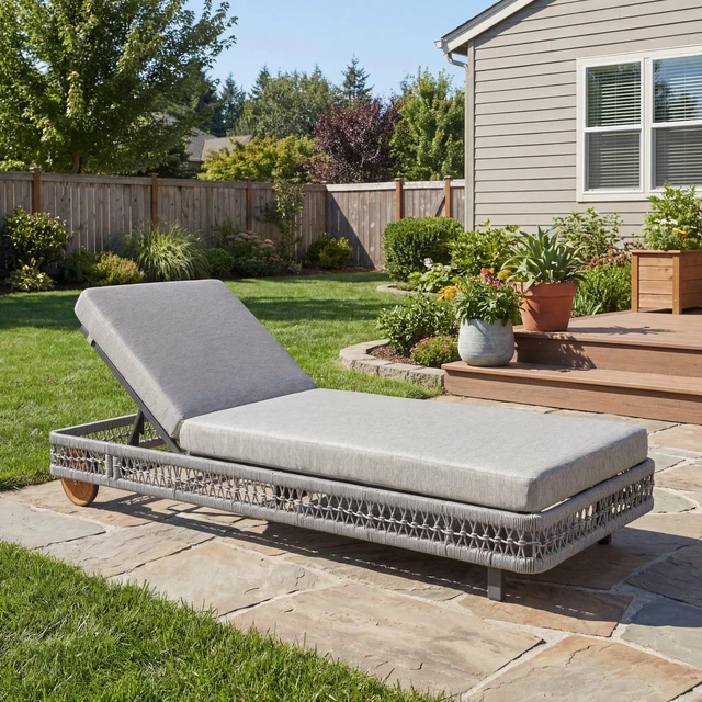 Alt view image 3 of 7 - Outdoor Woven Rope Chaise Lounge with Wheels, Position Adjustable Backrest Steel Frame and Removable Gray Cushion, Dark