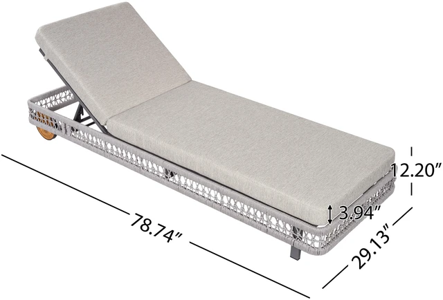 Alt view image 4 of 7 - Outdoor Woven Rope Chaise Lounge with Wheels, Position Adjustable Backrest Steel Frame and Removable Gray Cushion, Dark