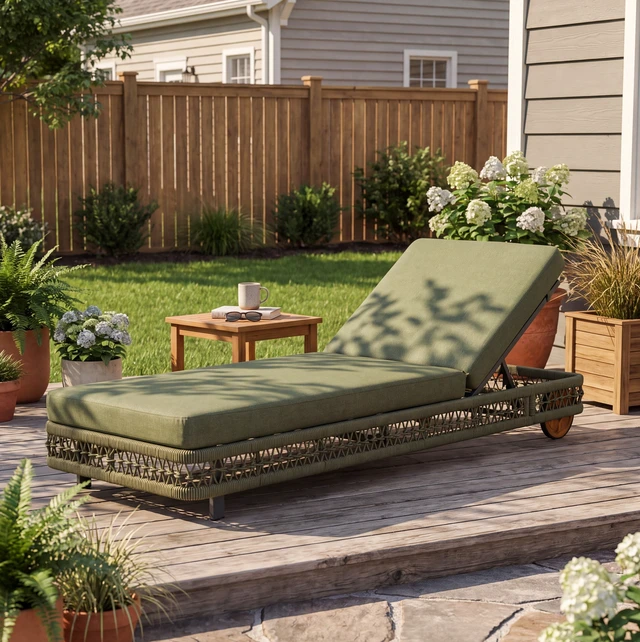 Alt view image 2 of 7 - Outdoor Woven Rope Chaise Lounge with Wheels, Position Adjustable Backrest Steel Frame and Removable Green Cushion
