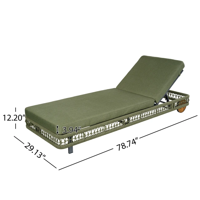 Alt view image 3 of 7 - Outdoor Woven Rope Chaise Lounge with Wheels, Position Adjustable Backrest Steel Frame and Removable Green Cushion