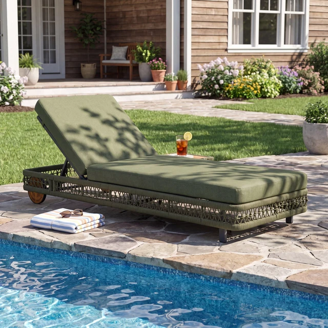Main image of Outdoor Woven Rope Chaise Lounge with Wheels, Position Adjustable Backrest Steel Frame and Removable Green Cushion