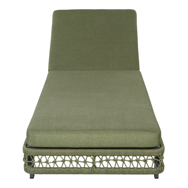 Alt view image 4 of 7 - Outdoor Woven Rope Chaise Lounge with Wheels, Position Adjustable Backrest Steel Frame and Removable Green Cushion