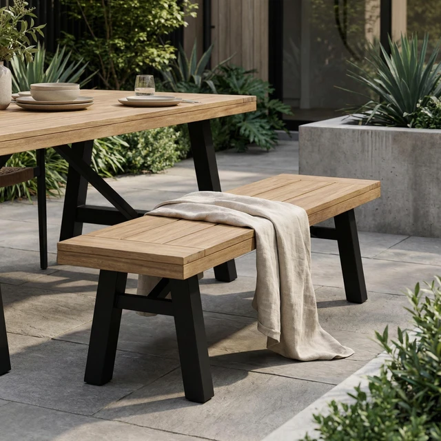 Main image of Outdoor Bench with Slat Panel Design and Wood Frame, and, Grey, Acacia Wood, Patio Seating