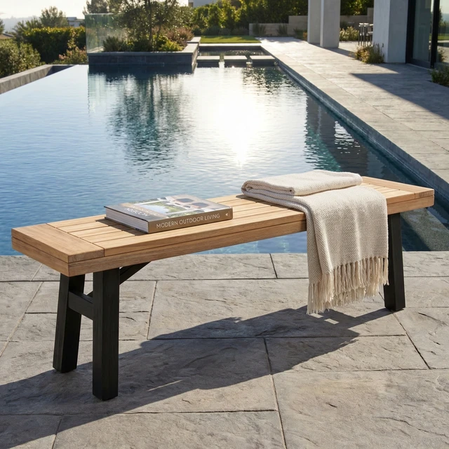 Alt view image 2 of 7 - Outdoor Bench with Slat Panel Design and Wood Frame, and, Grey, Acacia Wood, Patio Seating