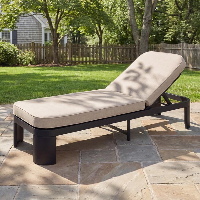 Main image of Outdoor Chaise Lounge with Beige Cushion, Position Adjustable Backrest, Beige Black, Acacia Wood and Fabric, Patio