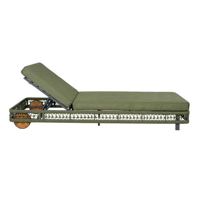 Alt view image 6 of 7 - Outdoor Woven Rope Chaise Lounge with Wheels, Position Adjustable Backrest Steel Frame and Removable Green Cushion
