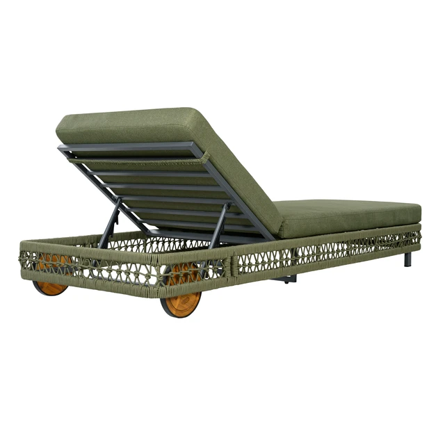Alt view image 7 of 7 - Outdoor Woven Rope Chaise Lounge with Wheels, Position Adjustable Backrest Steel Frame and Removable Green Cushion