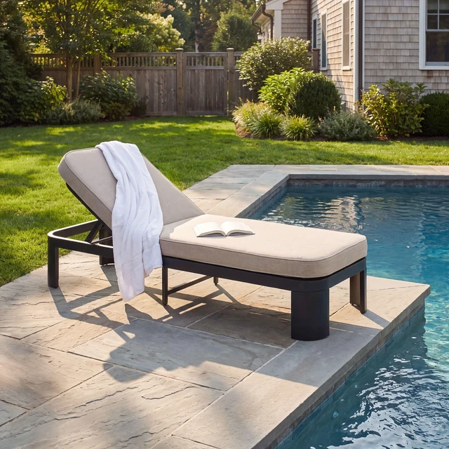 Alt view image 3 of 7 - Outdoor Chaise Lounge with Beige Cushion, Position Adjustable Backrest, Beige Black, Acacia Wood and Fabric, Patio
