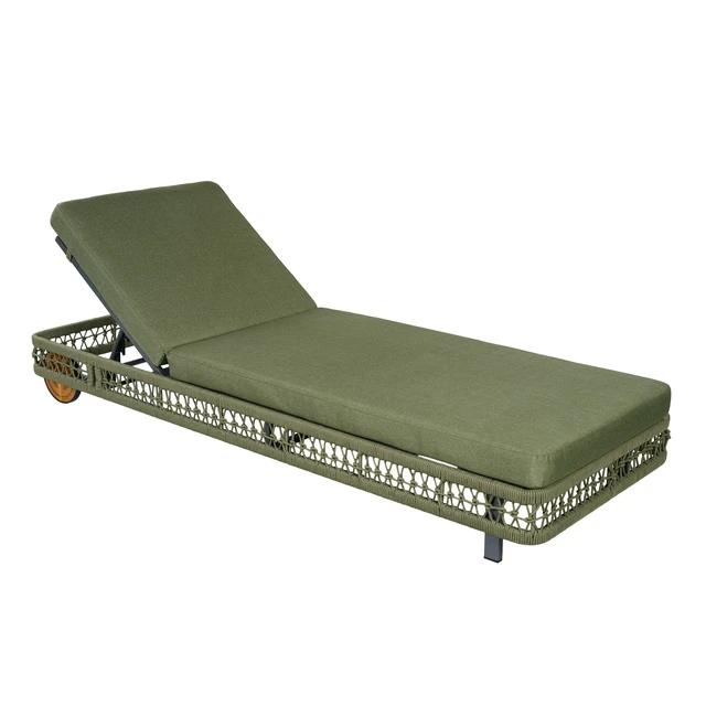 Alt view image 5 of 7 - Outdoor Woven Rope Chaise Lounge with Wheels, Position Adjustable Backrest Steel Frame and Removable Green Cushion