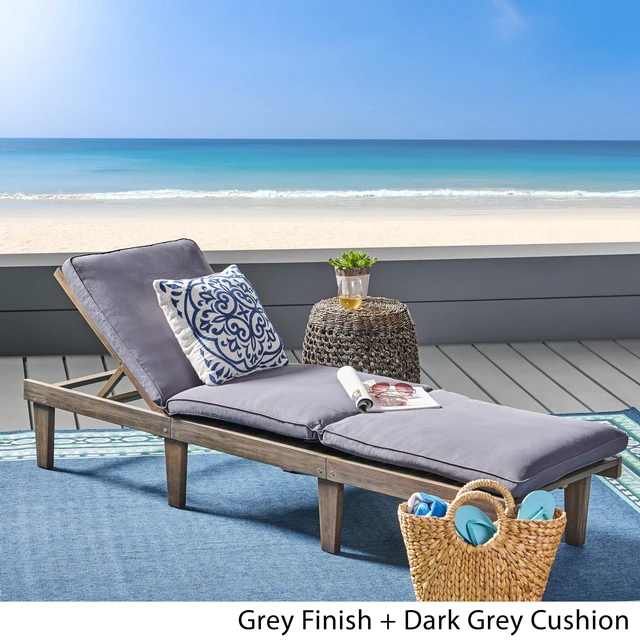 Alt view image 3 of 7 - Chaise Lounge Cushion, Grey, Wood and Fabric, Patio Seating