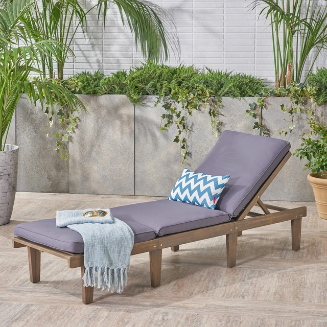 Alt view image 4 of 7 - Chaise Lounge Cushion, Grey, Wood and Fabric, Patio Seating