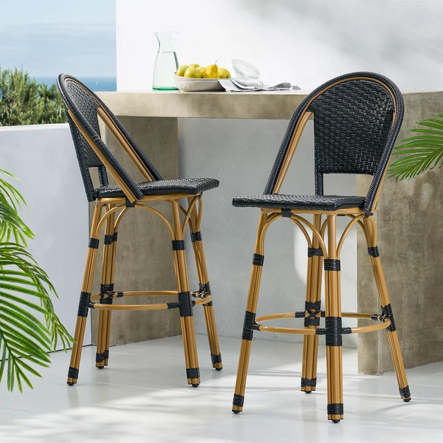 Main image of 29.5 Inch Outdoor Rattan and Aluminum French Barstools, Set and Bamboo Finish, Black, Aluminum and Wicker, Patio Seating