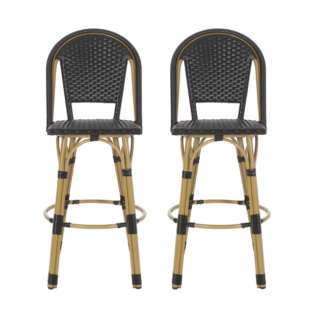 Alt view image 2 of 7 - 29.5 Inch Outdoor Rattan and Aluminum French Barstools, Set and Bamboo Finish, Black, Aluminum and Wicker, Patio Seating