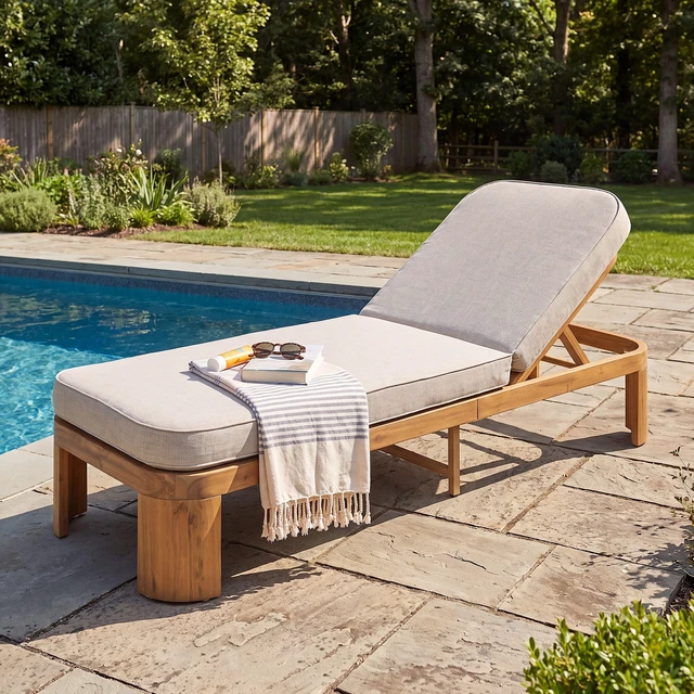Main image of Outdoor Chaise Lounge with Beige Cushion, Position Adjustable Backrest, Beige Teak, Acacia Wood and Fabric, Patio