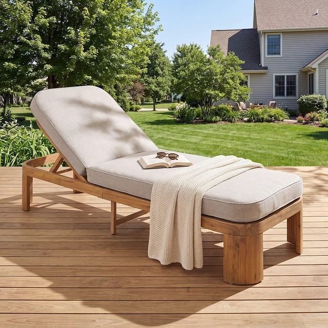 Alt view image 2 of 7 - Outdoor Chaise Lounge with Beige Cushion, Position Adjustable Backrest, Beige Teak, Acacia Wood and Fabric, Patio