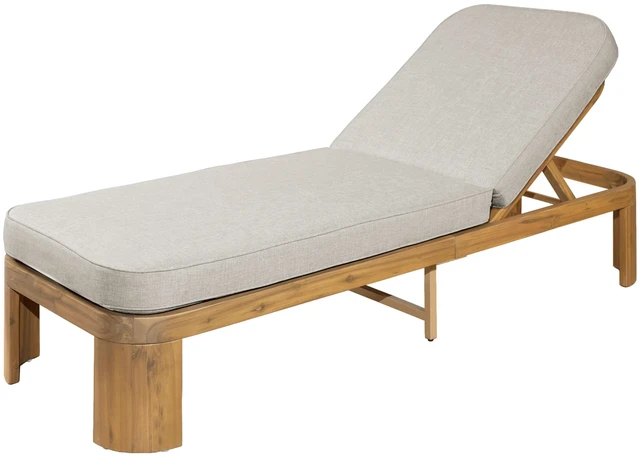 Alt view image 6 of 7 - Outdoor Chaise Lounge with Beige Cushion, Position Adjustable Backrest, Beige Teak, Acacia Wood and Fabric, Patio