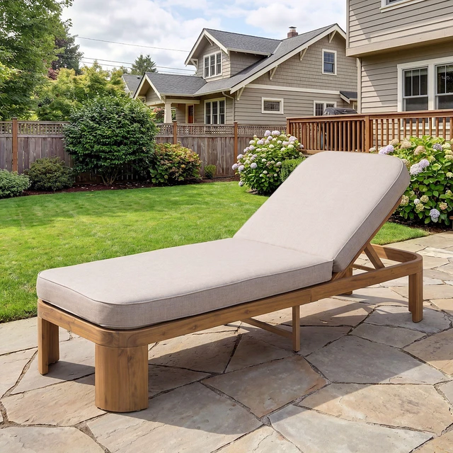 Alt view image 3 of 7 - Outdoor Chaise Lounge with Beige Cushion, Position Adjustable Backrest, Beige Teak, Acacia Wood and Fabric, Patio