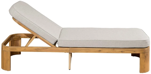 Alt view image 7 of 7 - Outdoor Chaise Lounge with Beige Cushion, Position Adjustable Backrest, Beige Teak, Acacia Wood and Fabric, Patio