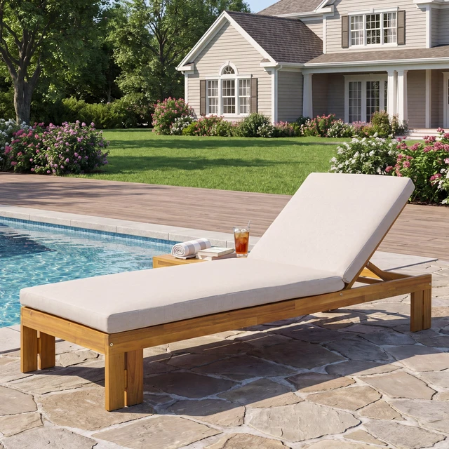 Alt view image 2 of 7 - Outdoor Chaise Lounge, Position Adjustable Backrest Removable Beige Cushion, Beige Teak, Acacia Wood and Fabric, Patio