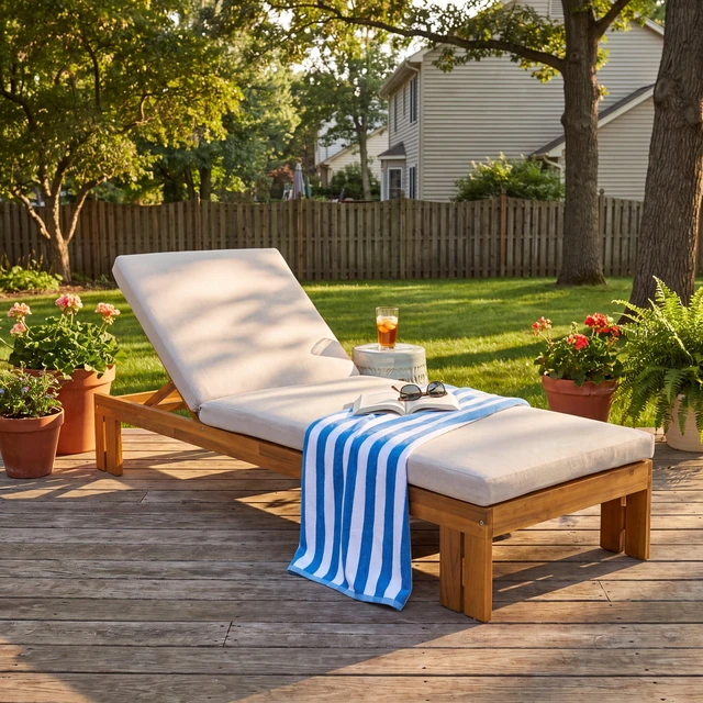 Main image of Outdoor Chaise Lounge, Position Adjustable Backrest Removable Beige Cushion, Beige Teak, Acacia Wood and Fabric, Patio