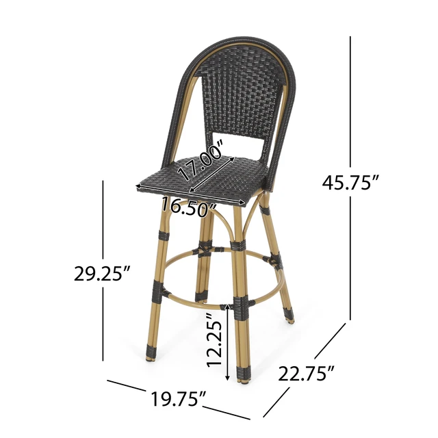 Alt view image 5 of 7 - 29.5 Inch Outdoor Rattan and Aluminum French Barstools, Set and Bamboo Finish, Black, Aluminum and Wicker, Patio Seating