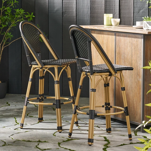 Alt view image 4 of 7 - 29.5 Inch Outdoor Rattan and Aluminum French Barstools, Set and Bamboo Finish, Black, Aluminum and Wicker, Patio Seating