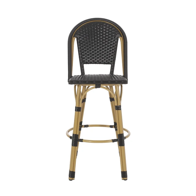 Alt view image 6 of 7 - 29.5 Inch Outdoor Rattan and Aluminum French Barstools, Set and Bamboo Finish, Black, Aluminum and Wicker, Patio Seating