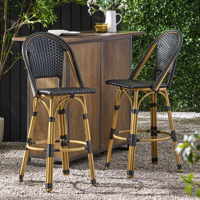 Alt view image 3 of 7 - 29.5 Inch Outdoor Rattan and Aluminum French Barstools, Set and Bamboo Finish, Black, Aluminum and Wicker, Patio Seating