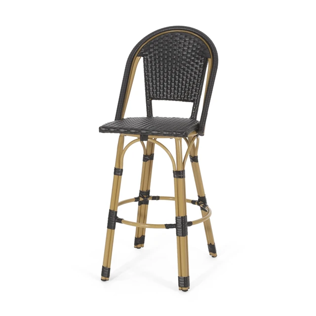 Alt view image 7 of 7 - 29.5 Inch Outdoor Rattan and Aluminum French Barstools, Set and Bamboo Finish, Black, Aluminum and Wicker, Patio Seating